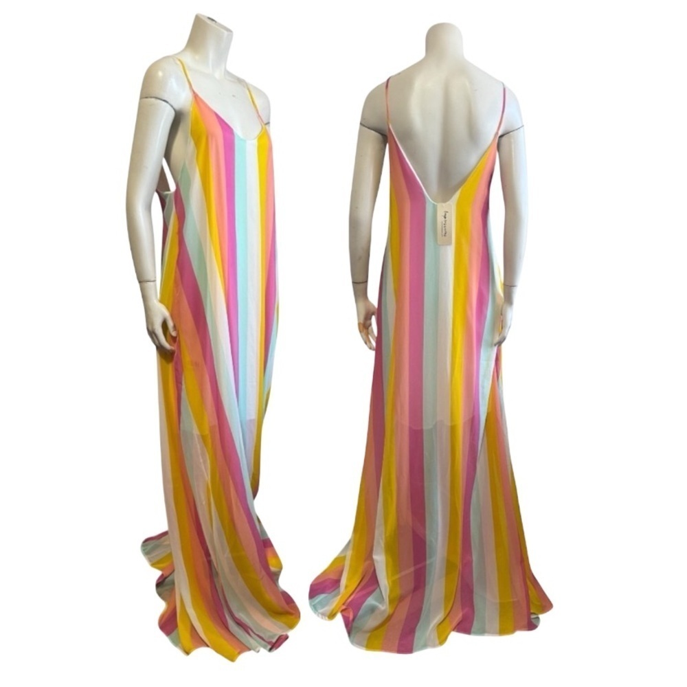Pastel Rainbow Stripe Maxi Dress Low Back Resort Glam Vacation Cover Up Medium - Picture 1 of 14